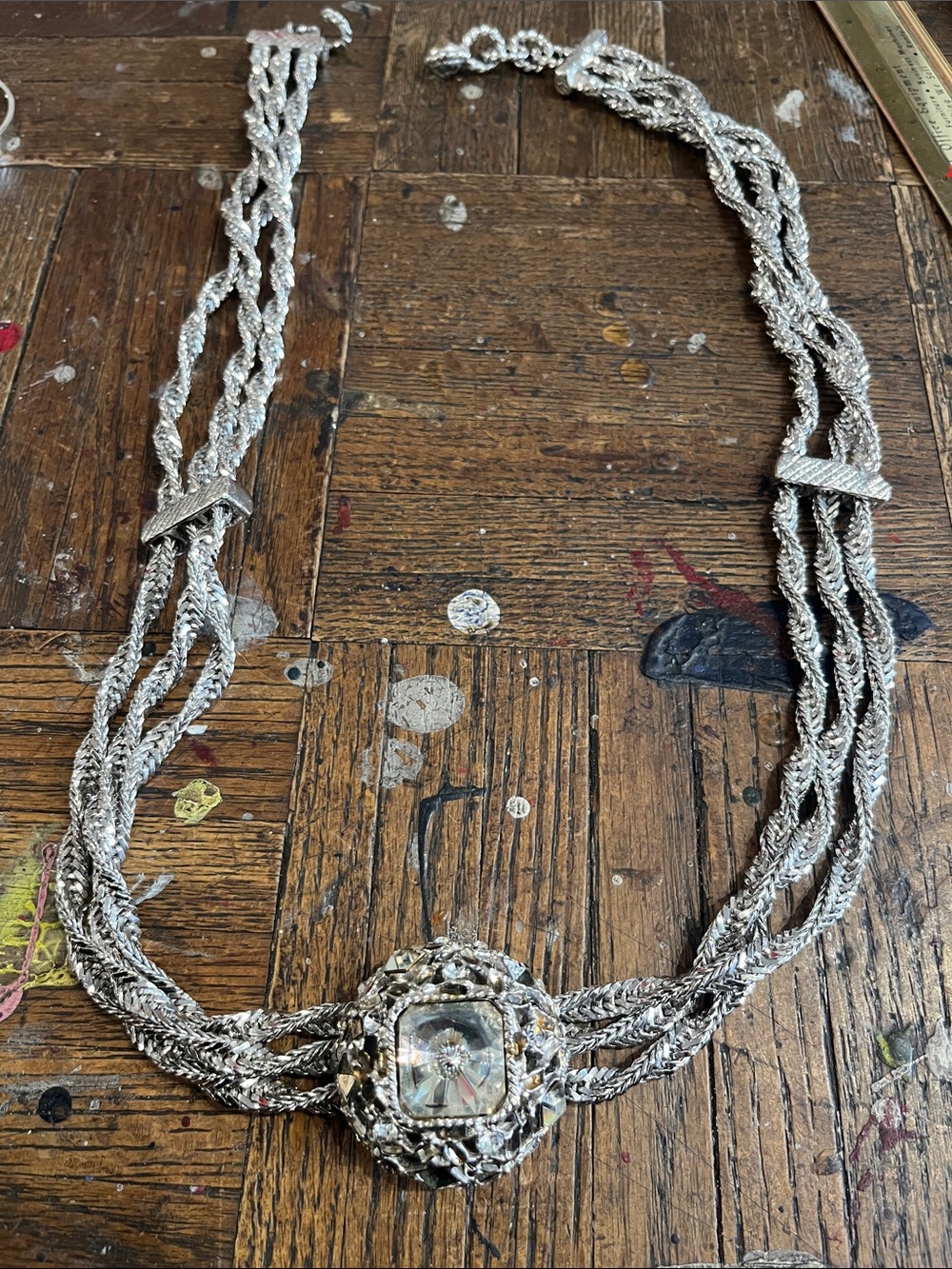 Silver Multi-Strand Statement Necklace with Crystal Focal 24” round , heavy